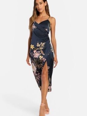 Lulus blue floral satin slip midi dress